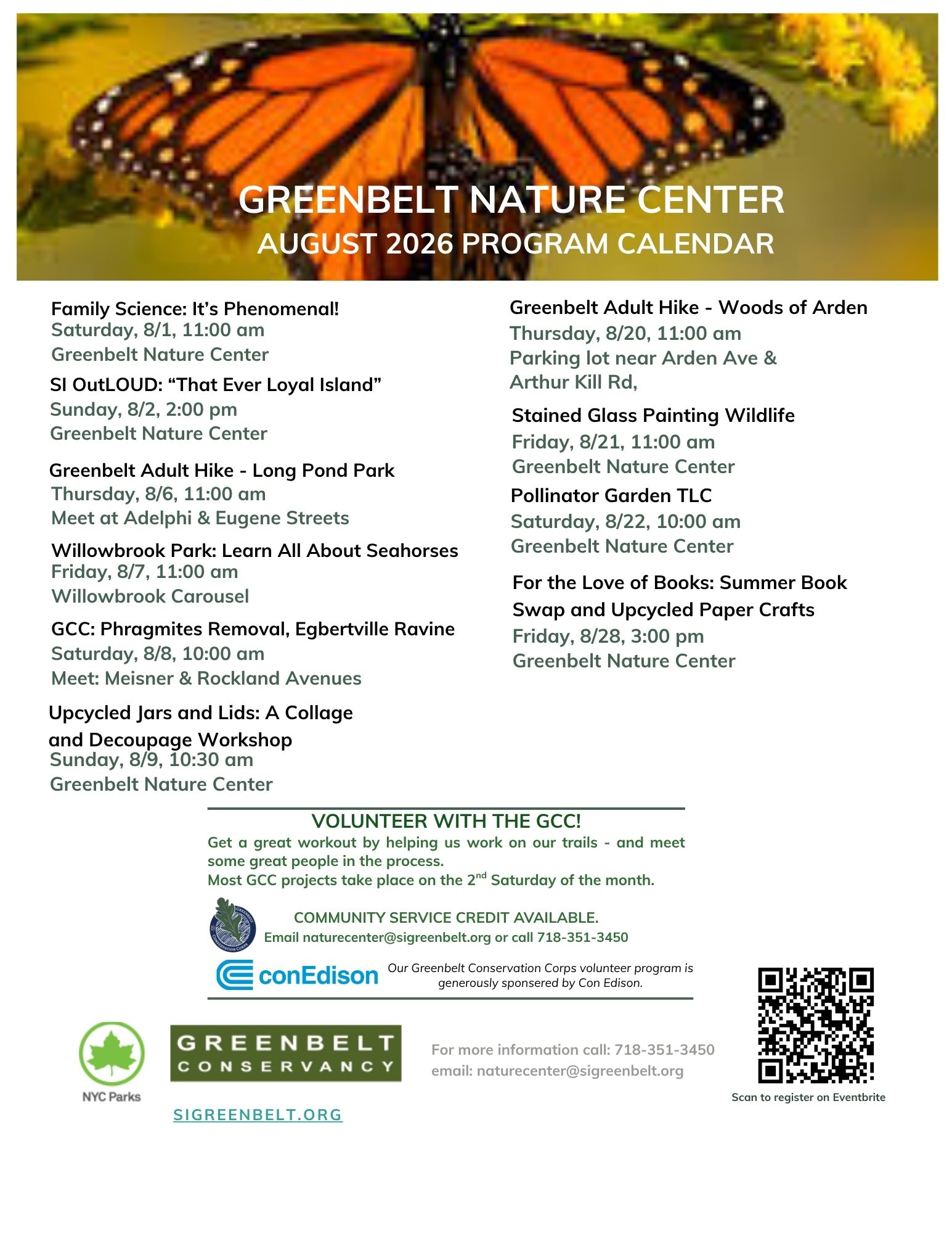 Greenbelt Nature Center August 2026 Program Calendar