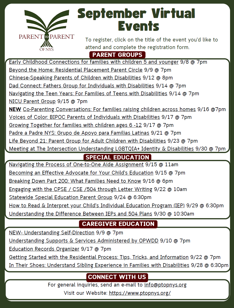 Parent to Parent of NYS: September Parent Groups